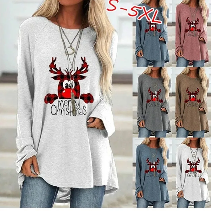 Женские футболки с рождественским узором длинным рукавом милым принтом оленя