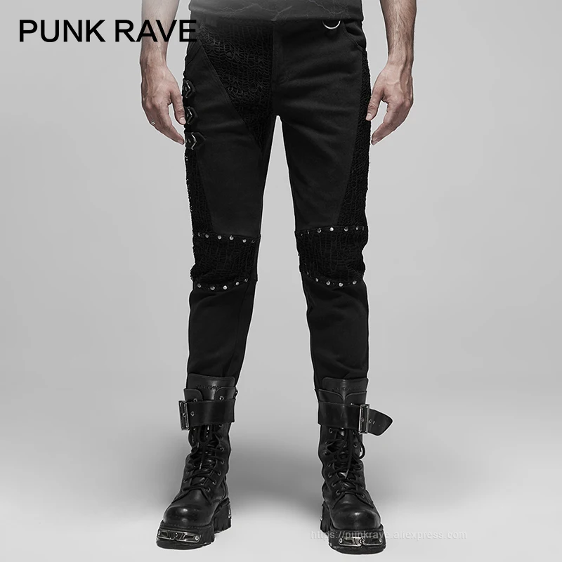 PUNK RAVE Men's Punk Style Classic Simple Style Pants Coarse Twill Fabric Mesh Splice Man Pencil Trousers