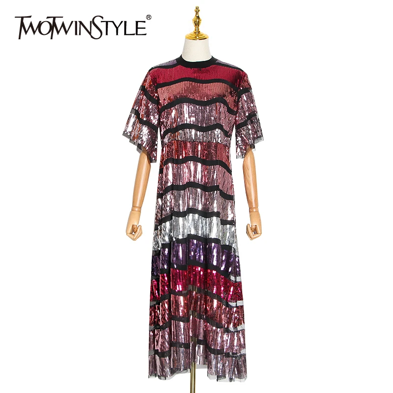 TWOTWINSTYLE лоскутное блестящее яркое цветное платье для женщин со стоячим