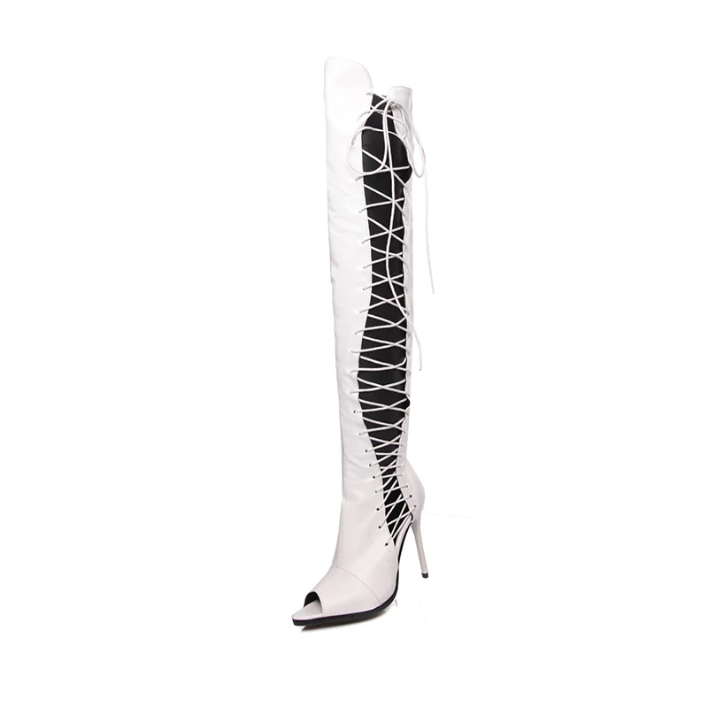 

Thigh High Flat Boots 2021 New Cross-tied Sexy Fretwwork Heels Super High 11cm Thin Heels Black White Black Women Goth Boots