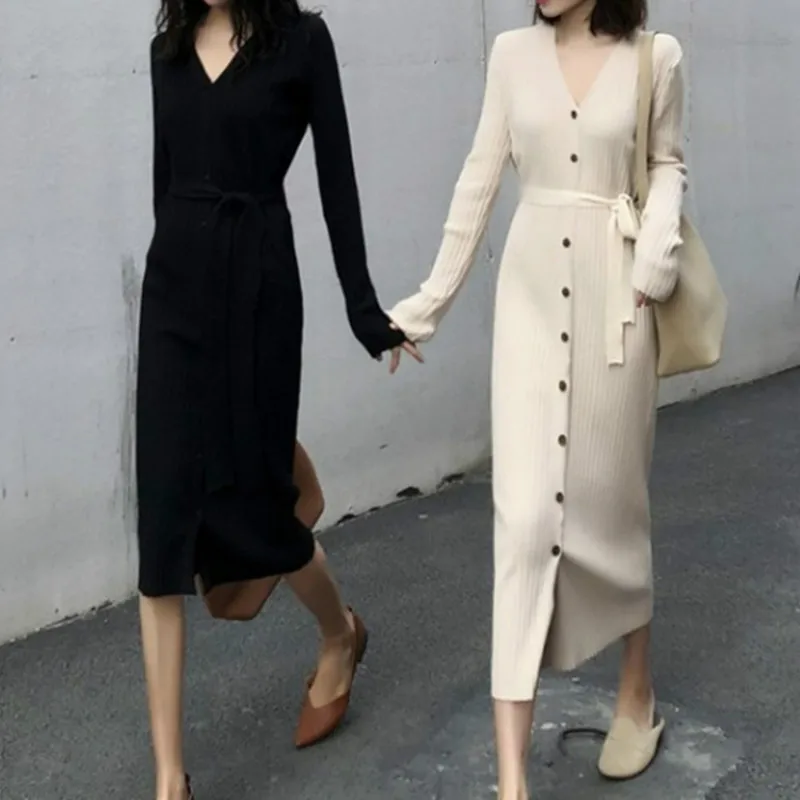 Однотонное черное сексуальное женское платье свитер с v образным вырезом Осень