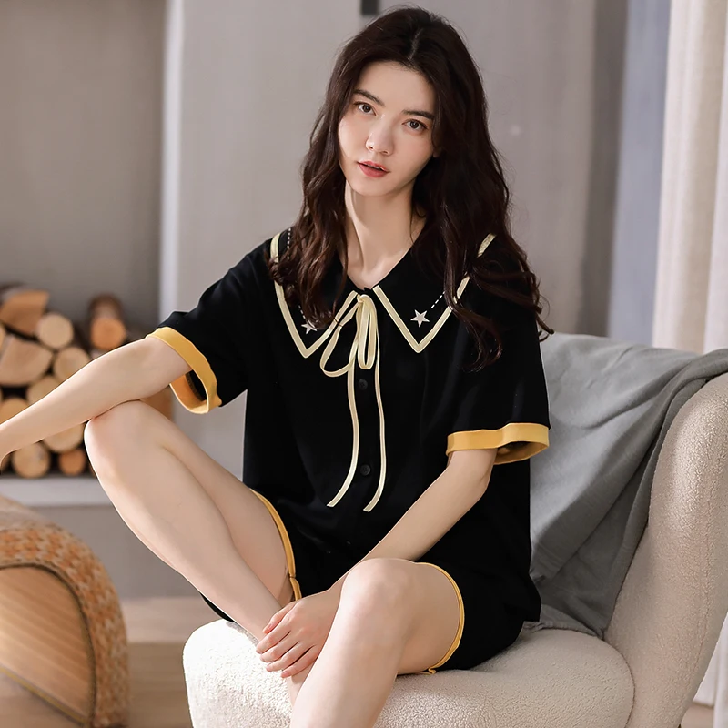 

Gold Trim Elegant Ladies Homewear Summer Cotton Fashion Sleepwear Nightwear Princess Style Vintage Lace Lapel Women Pajamas Set