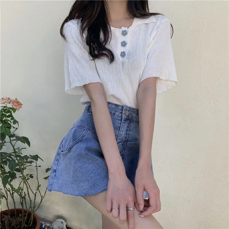 Women's T-shirt 2021 Knit Polo Short Sleeve T-shirts Tee Top Female Clothing Chic Woman Blouse y2k Aesthetic Fashion Sweetshirts