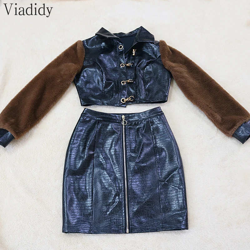 

Women Winter Thick 2PCS Suit Sexy Long-sleeved Faux Fur Patchwork Jacket and High Waist Zipper PU Leather Skirt Set Female