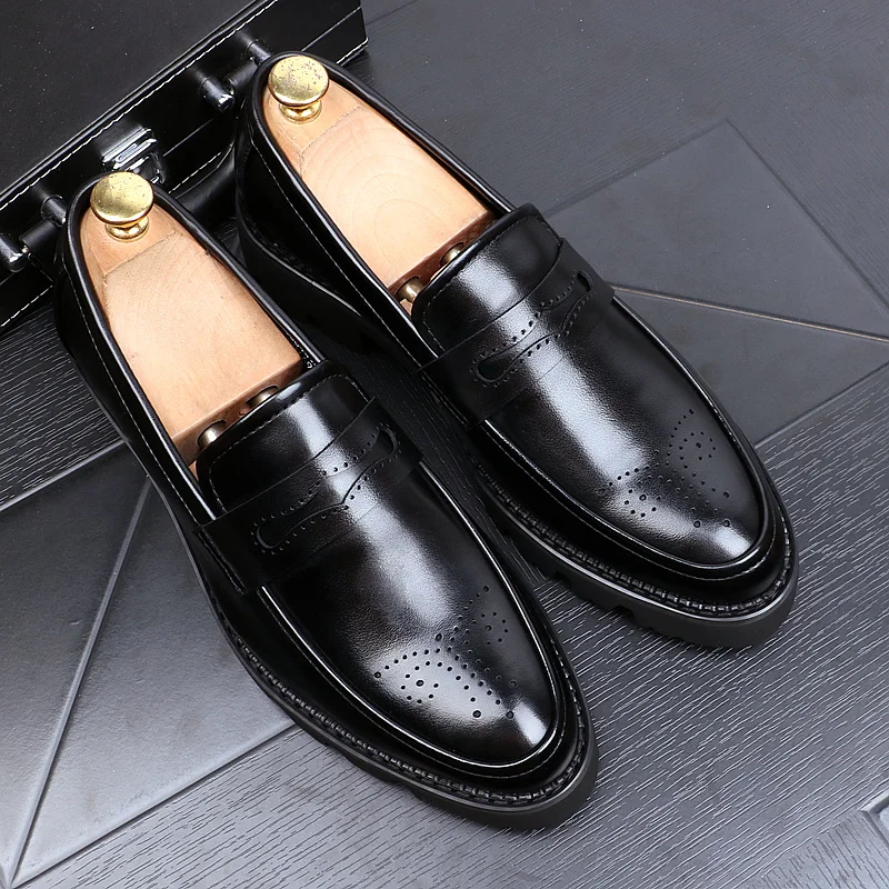 

men casual business wedding formal dress cow leather bullock shoes slip-on brogue shoe black platform loafers chaussure sneakers