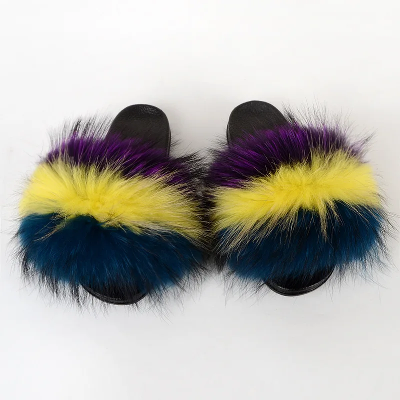 

Women Summer Lovely Fluffy Raccoon Fur Slides Plush Indoor Fur Slippers Brand Luxury Women Slippers Real Fur Flip Flops Shoes