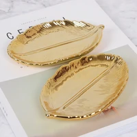 gold plating leaf ceramic platter storage tray crockery plate oval candy cake snacks dessert jewelry serving tableware tray gift
