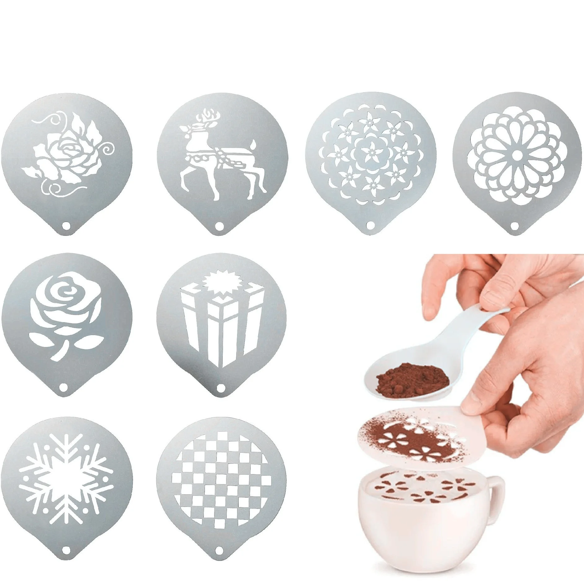 

10PCS SET 304 Stainless Steel Latte Art Mold Chocolate Fancy Coffee Printing Model Creative Coffee Foam Spray Flower Template