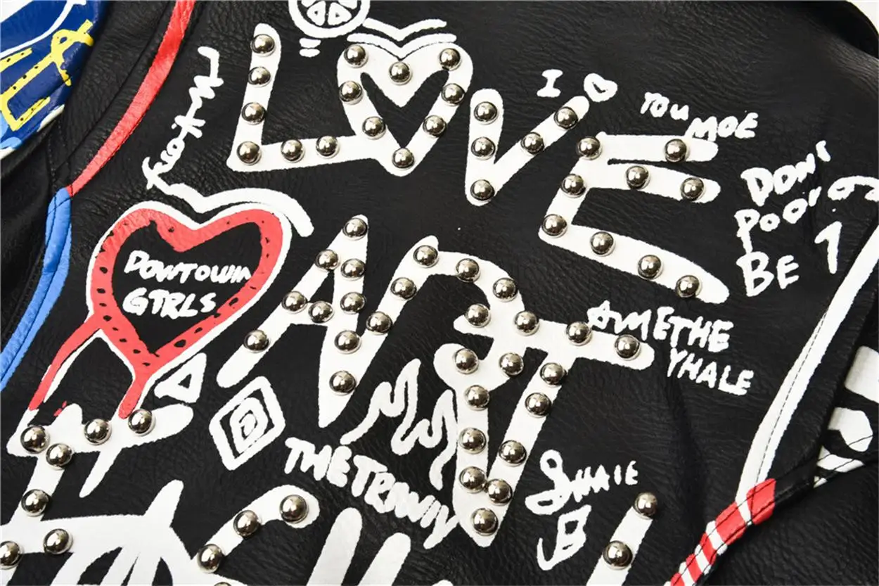 Winter new style lapel zipper graffiti heavy industry printing black punk street fashion short coat women