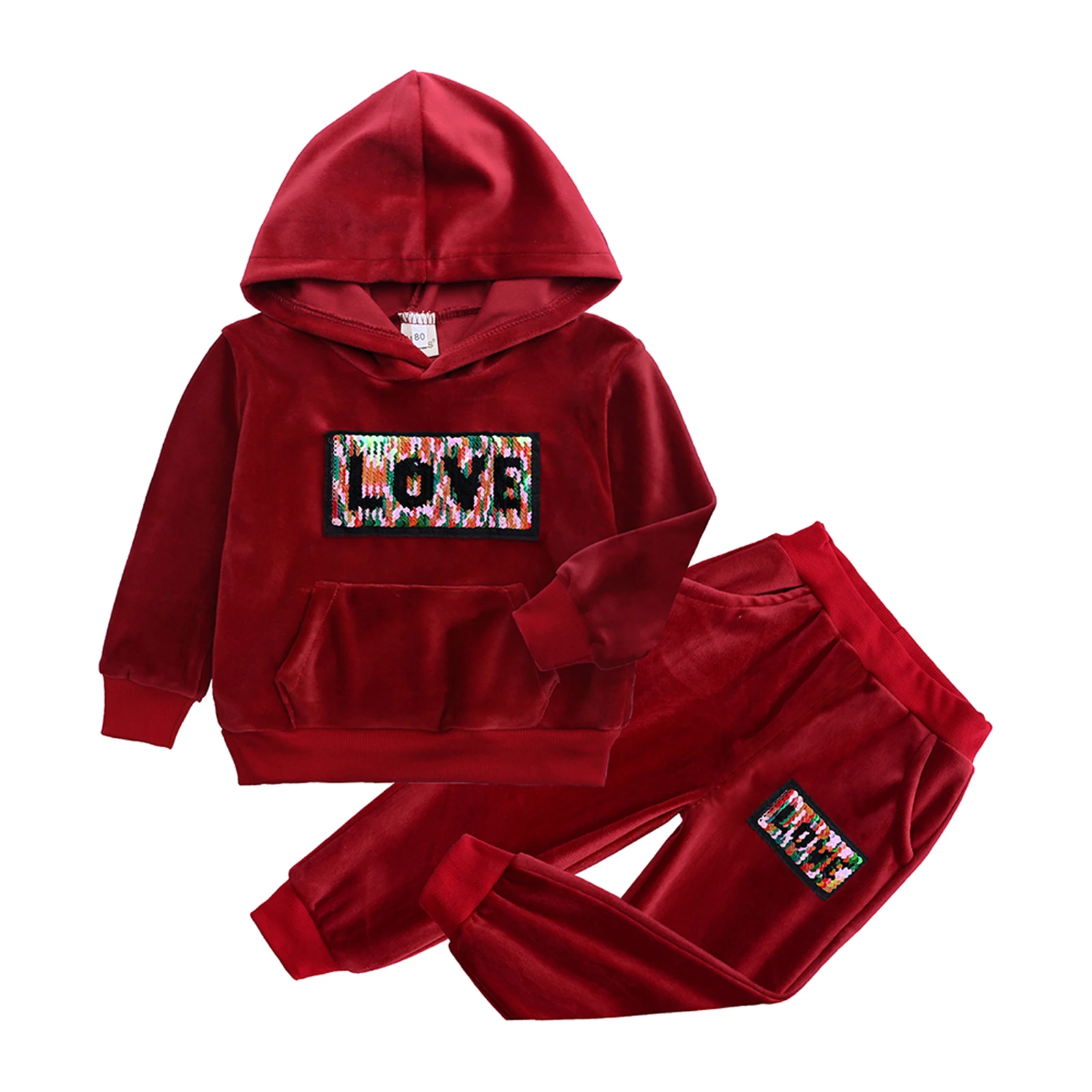 

1-4 Years Children\u2019s T-shirt and Trousers Set Fashion Sequin Letter Long Sleeve Hooded Tops and Long Pants