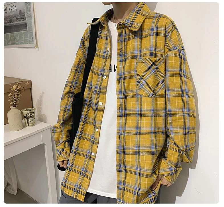 

MoneRffi Men Harajuku Color Block Plaid Shirt 2020 Mens Streetwear Loose Shirts Long Sleeve Male Vintage Korean Fashions Clothes