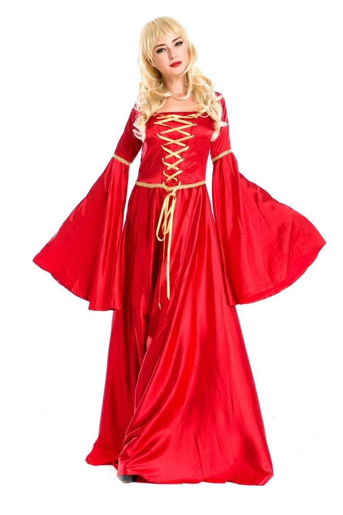 

Adult woman long sleeve sexy lace up red satin princess dance costume dress
