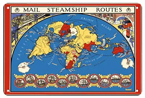 

United Kingdom - International Postal Mail Steamship Routes - Map by Macdonald (Max) Gill c.1937- Metal Sign
