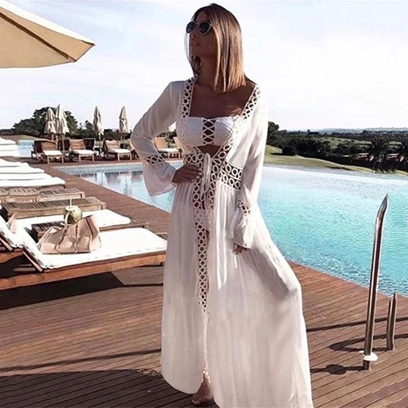 

2020 Bikini Boho Cover-ups Beach Wear Sexy Long Sleeve Hollow Out Solid Color Lace Up Beach Holiday Bathing Casual Cardigan