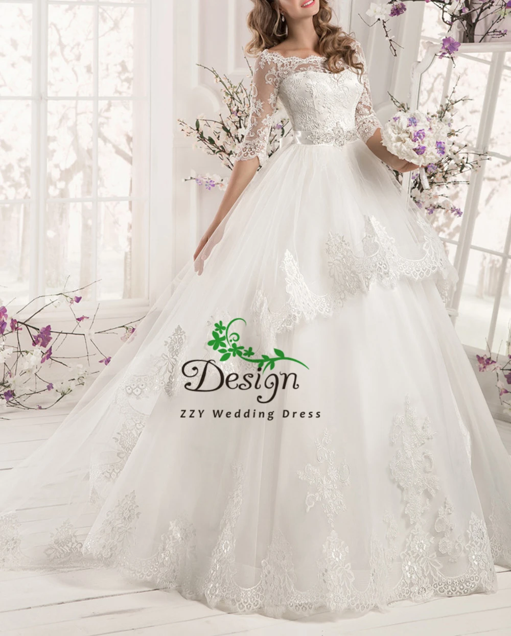 

New Arrival!Luxury Ball Gown Cap Sleeves Embroidery Tulle And Organza Sashes Lace-Up With bows BeadingLong Sleeved Wedding Gowns