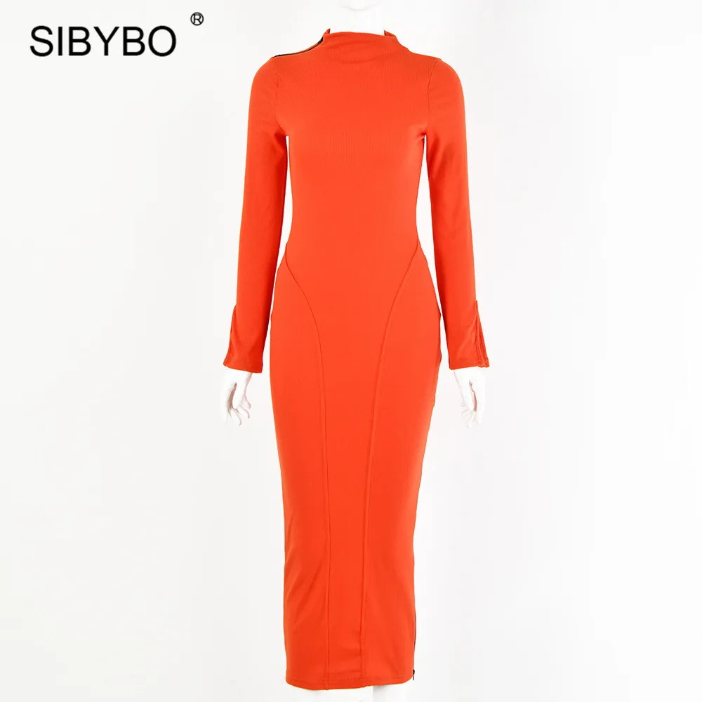 Женское облегающее платье с высоким разрезом SIBYBO черное вязаное длинным рукавом