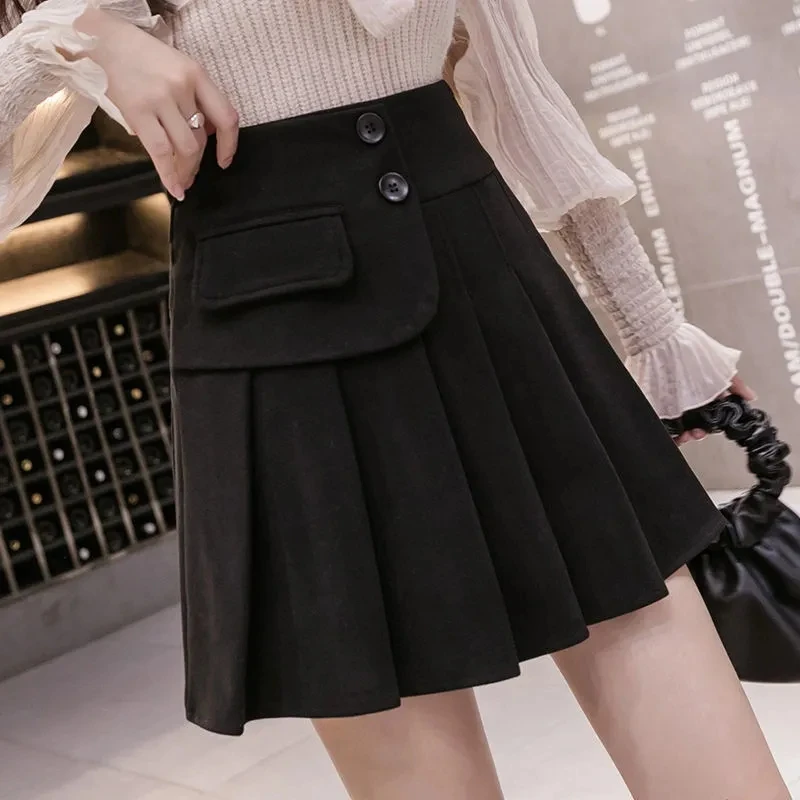 

Woolen Cloth Vintage Mini Skirt Women High Waist Saia Plissada Harajuku Skirts Pleated Korean Style Line A Skirt Autumn Winter