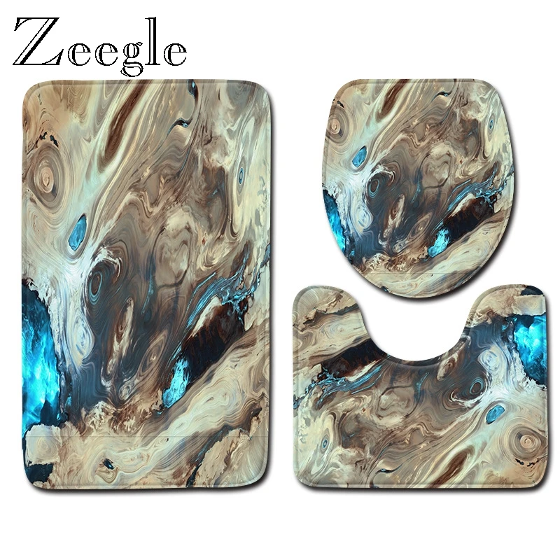 

Zeegle 3Pcs Bath Mats Bathroom Carpet Modern Geometric Pattern Bathroom Mat Set Anti Slip Flannel Rug Toilet Seat Cover Set