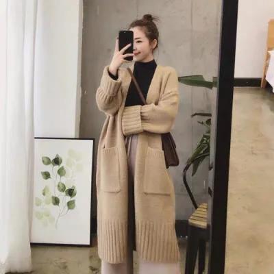 

2020 new knitted cardigan women's autumn and winter Korean style loose lazy wind mid-length thick sweater jacket