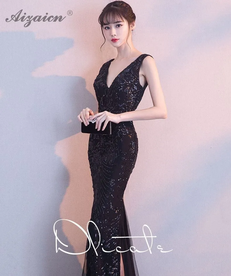 Черные вечерние платья с глубоким v-образным вырезом Qipao Promtion Cheongsam современные Вечерние платья Русалка Qi Pao женское китайское платье халат