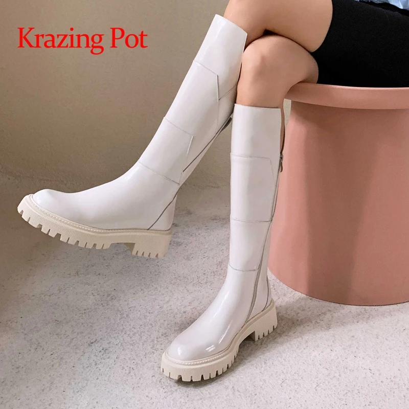 

Krazing pot plus size cow split leather round toe med heel equestrian boots young lady streetwear concise thigh high boots L86