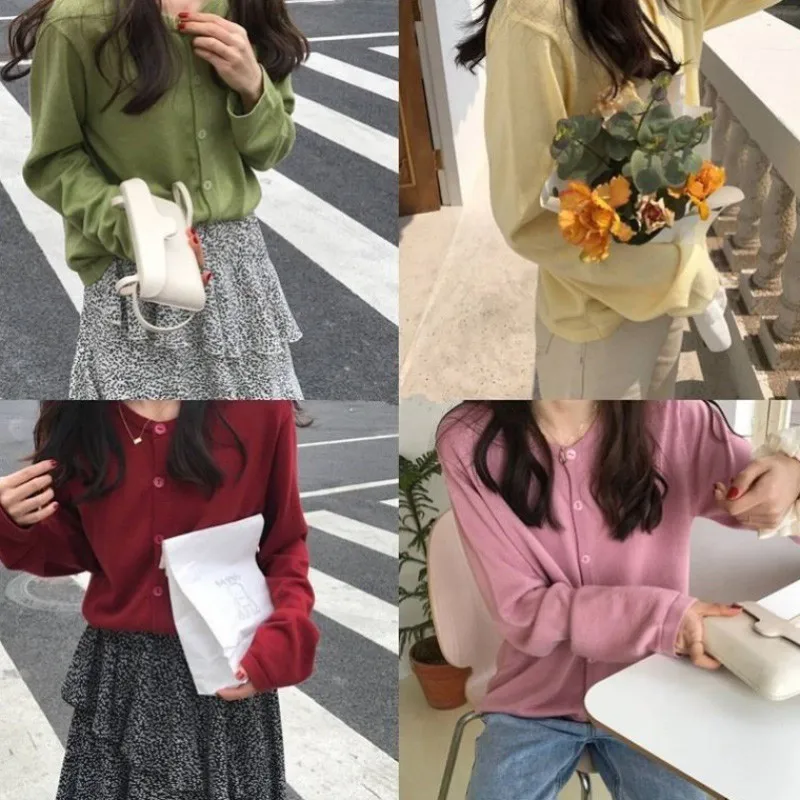 Модный новый свитер свободный тонкий яркий однотонный вязаный кардиган с