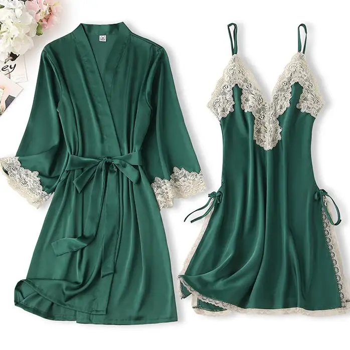 

Sexy 2PCS Robe Set With Lace Satin Strap Nightgown Women Nightwear Summer Kimono Bathrobe Gown Loose Sleepwear Intimate Lingerie