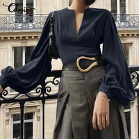 women elegant office lady shirts celmia 2021 fashion lantern sleeve sheath blouses spring sexy v neck solid color pleated tops