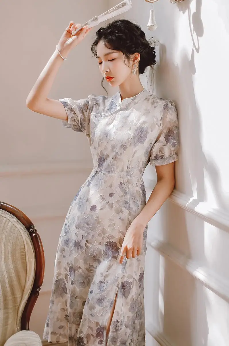 

COIGARSAM Cheongsam Floral Print Women dress Dresses Pale Blue Y1515