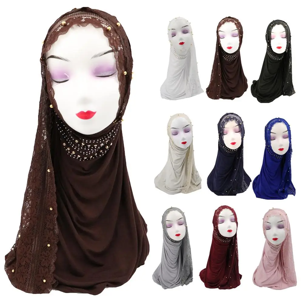 Новая мода женский длинный шарф для мусульманки бисерные кружевные шали