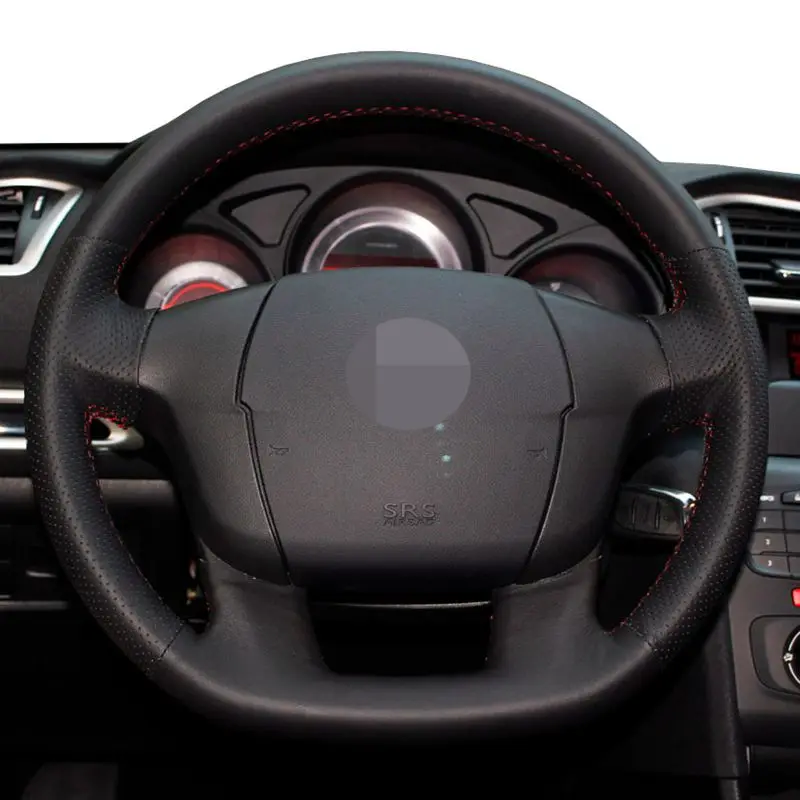 For Citroen C4 C4L Black Genuine Leather Car Steering Wheel Cover