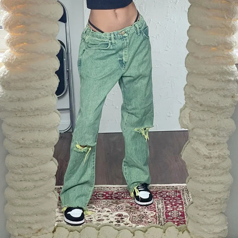 

Women Knee Broken Holes Jeans Vintage Solid Color High Waist Straight Pants Wild Casual Chic Sexy Fashion Snowflake Trousers