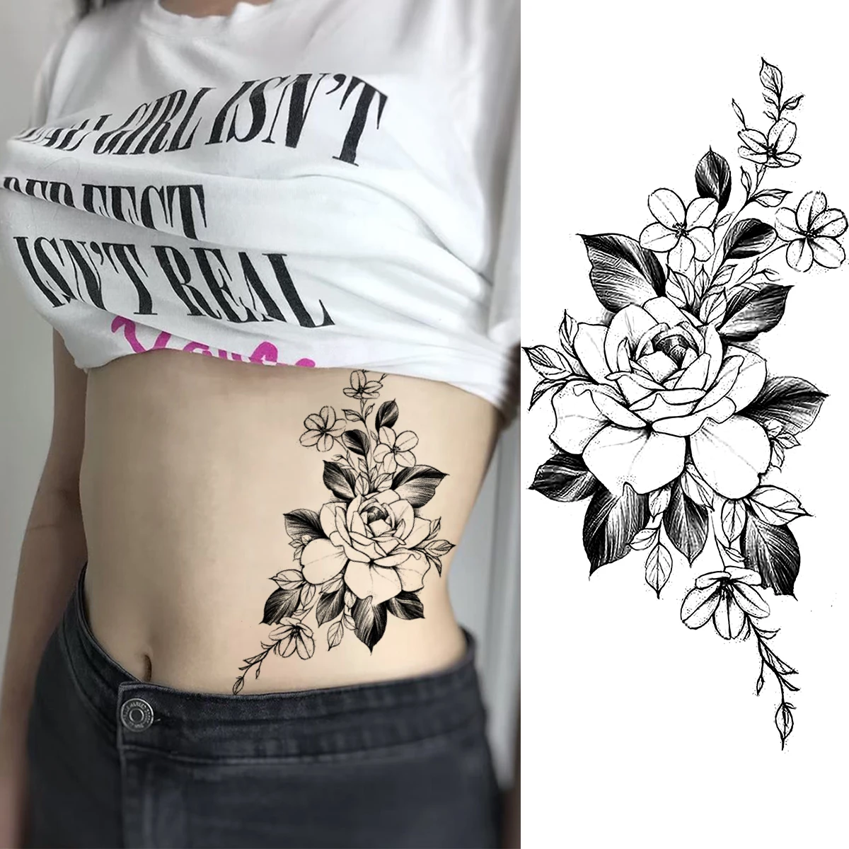Временные татуировки с черными пионами для женщин Роза взрослых и девушек