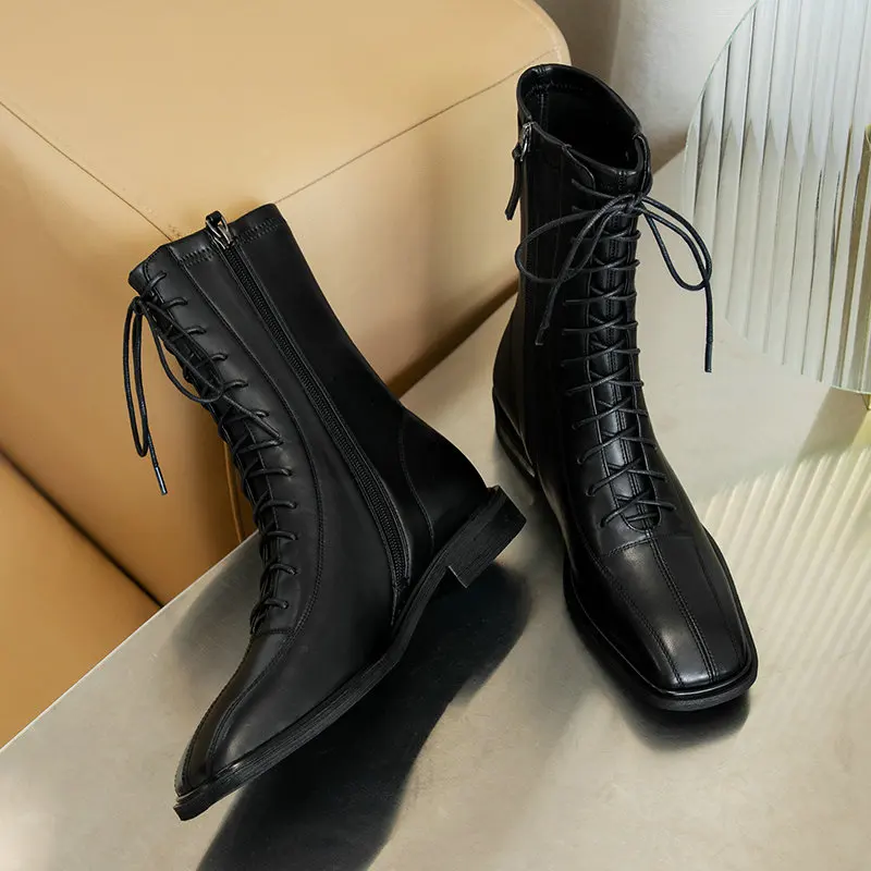 ESVEVA 2021 Lace Up Square Heel Leather+PU All Match Ankle Boots Platform Women Toe Shoes Size 34-39 | Обувь