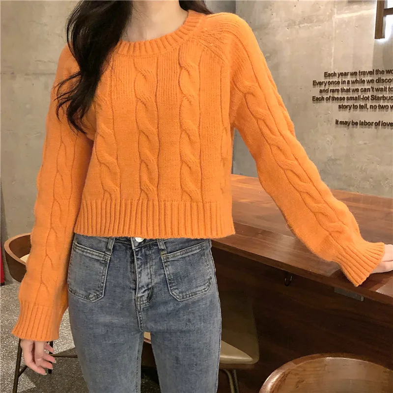 Autumn Winter New Women's Short Pullovers Sweater Twist Knitting Full Sleeve Solid Fashion Vintage Casual Tops T98506D