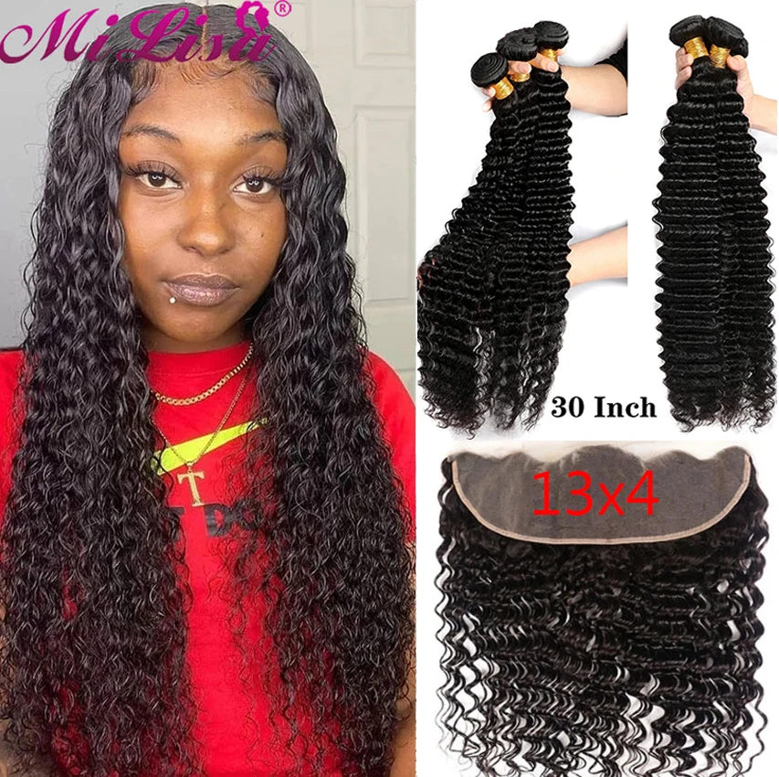 30 дюймов глубокая волна пряди с закрытием бразильские Волосы Remy ткань 3 13x4