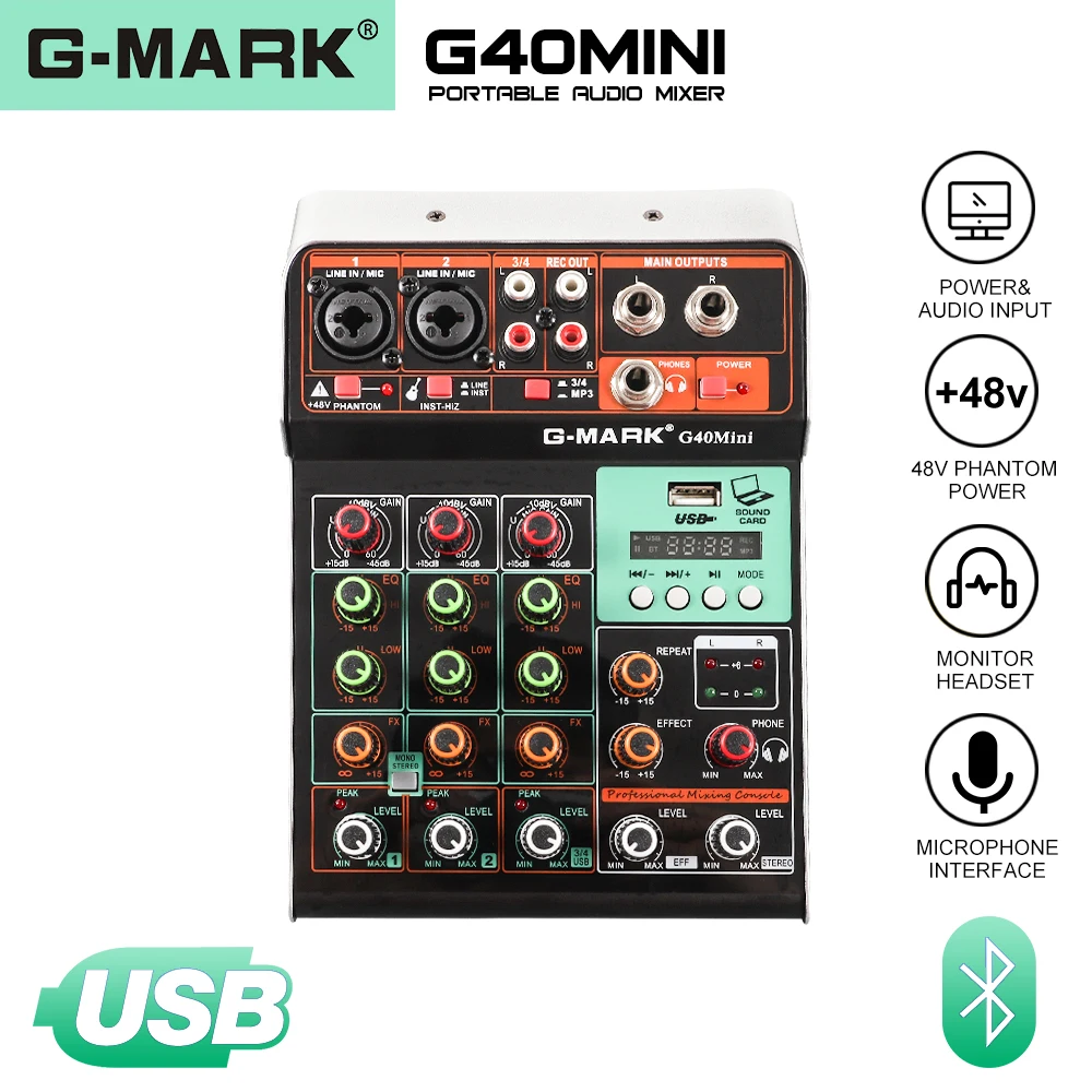 G MARK g40 мини аудио микшер DJ портативный музыкальный микшерный пульт Bluetooth USB 48V
