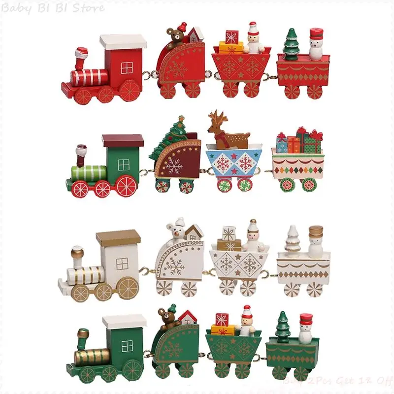 

1 Set Christmas Train 4 Knots Wooden Painted Snowman Xmas Tree Hanging Pendant Santa Christmas Decorations For Home Ornament