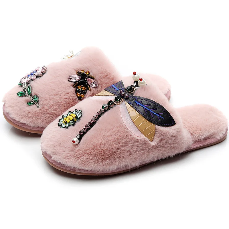 

Fashion Women Shoes Furry Slides Faux Fur Slippers Rhinestone Plush Cute Designer Female Platform Cozy High Quality