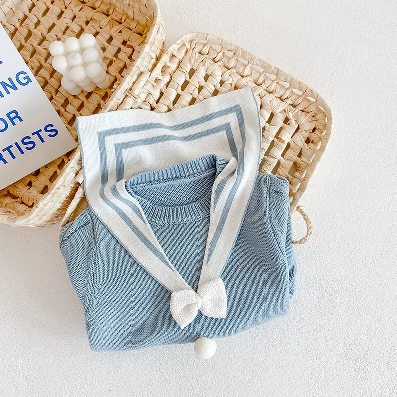 2021 nuevo oto&ntilde;o Body para beb&eacute; de manga larga de cuello marinero de lana azul mono Estilo Dulce reci&eacute;n nacido Ropa E020-3
