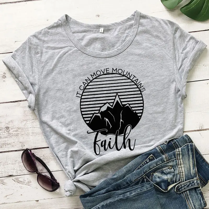 Женская футболка с надписью It Can Move Mountains Faith стильная повседневная рисунком в