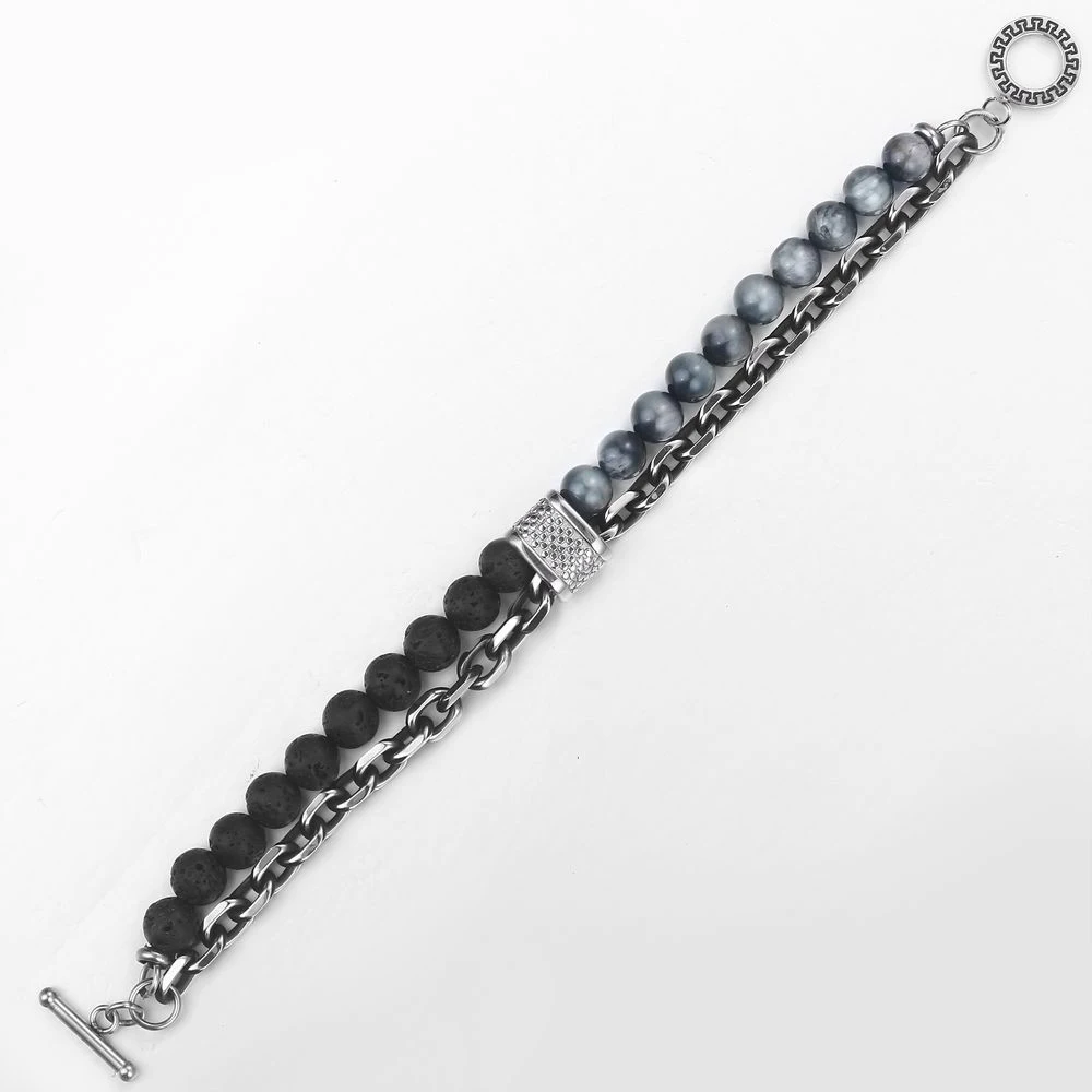 

Double Layers Black Volcanic Rocks Beads Bracelets for Men Boy Eagle Eye Stone Stainless Steel Chain US Fast Shipping DTBX00107