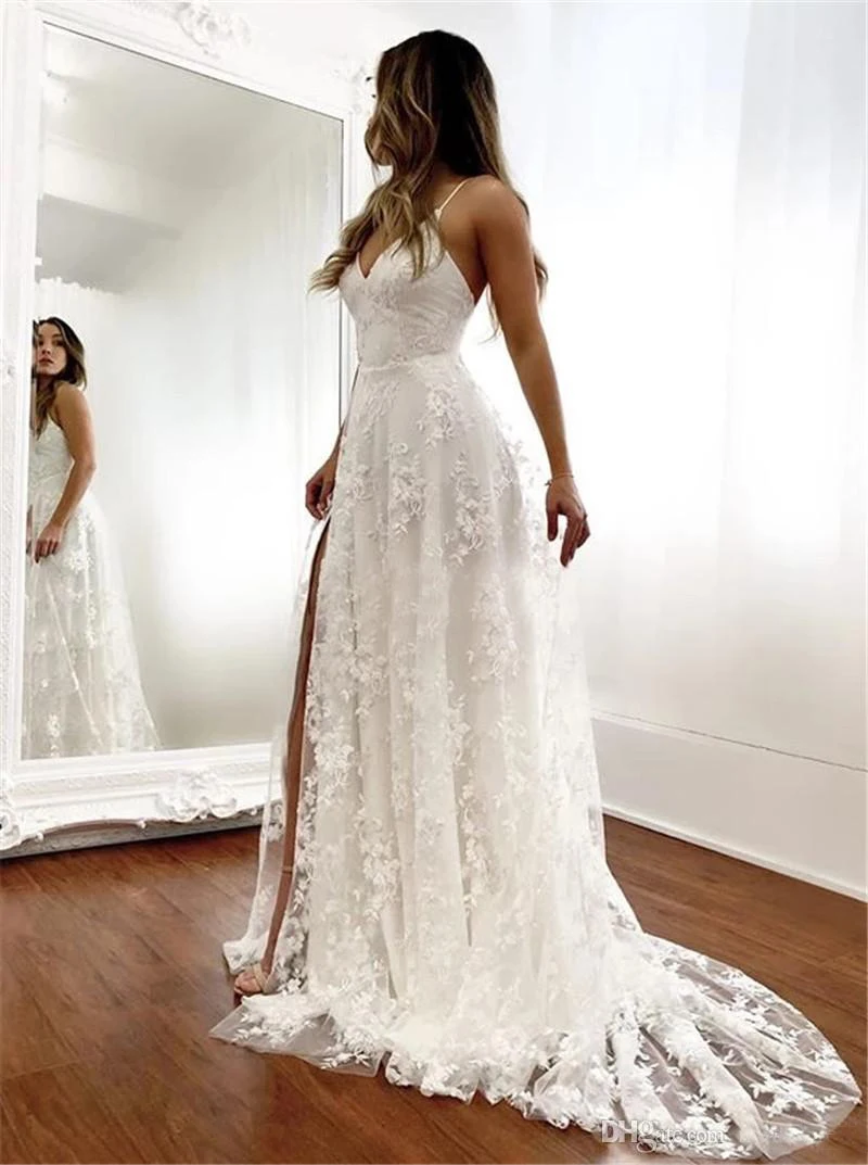 

2022 Boho Lace Wedding Dresses for Bride Long Sweep Train V Neck Spaghetti Straps Split Side Bridal Gowns Vestido De Noiva
