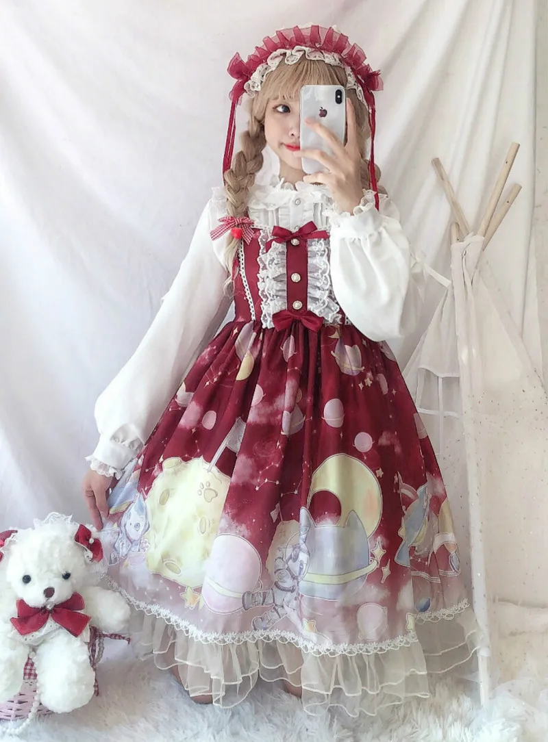 Платье в стиле Лолиты; милое платье в японском стиле Kawaii; платье принцессы для девочек в винтажном готическом стиле; кружевная розовая летняя юбка с принтом