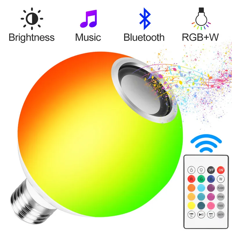 Смарт RGBW E27 лампа Bluetooth 4,0 аудио колонки лампа с регулируемой яркостью светодиодный беспроводной Музыкальные лампочки светильник изменение цвета пульт дистанционного управления