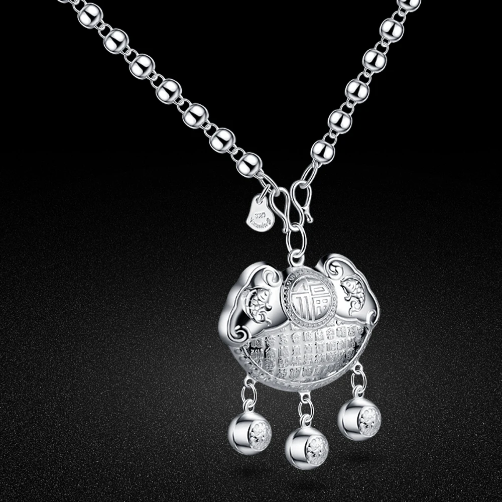 

Woman 100%925 sterling silver Long bead chain necklace vintage Chinese style Carve 100 blessings Lock Pendant Jewelry Gift