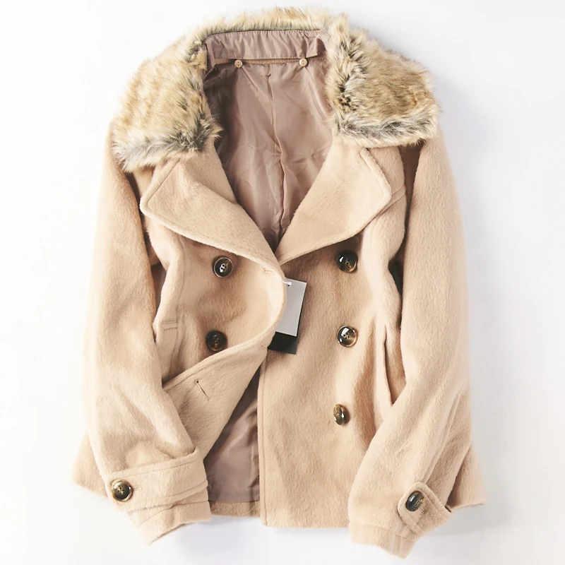 

Winter Autumn New Style Women's Coat Double-breasted woolen Blending Tops Turn-up Collar Fashion Casual Korean Style