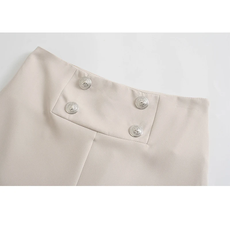 

WXWT Za Fashion Women Buttons Decorate Beige Long Pants Trousers Zipper Office Lady High Waist Pants Pantalon LY9502