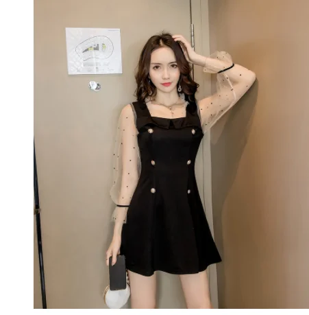 Французское романтичное платье Черное мини-платье с узором в горошек