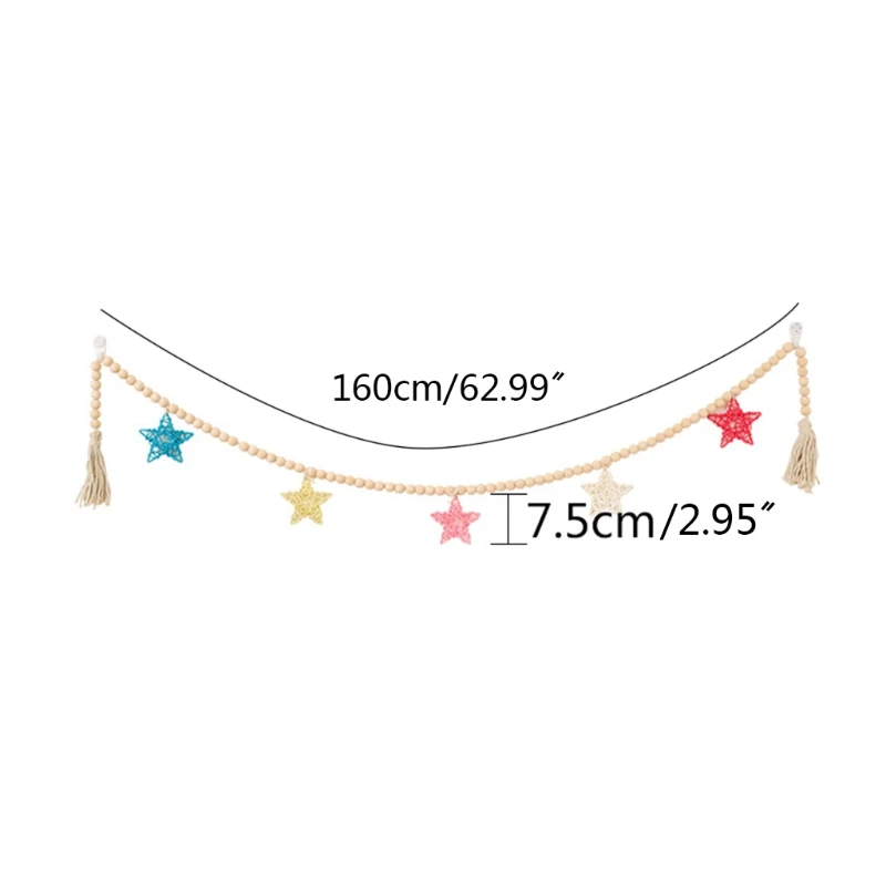 

OOTDTY 2Pcs/Set Pine Wood Beads Garland with Rattan Stars Cotton Tassel Farmhouse Wall Hanging Decoration Nursey Room Decorative